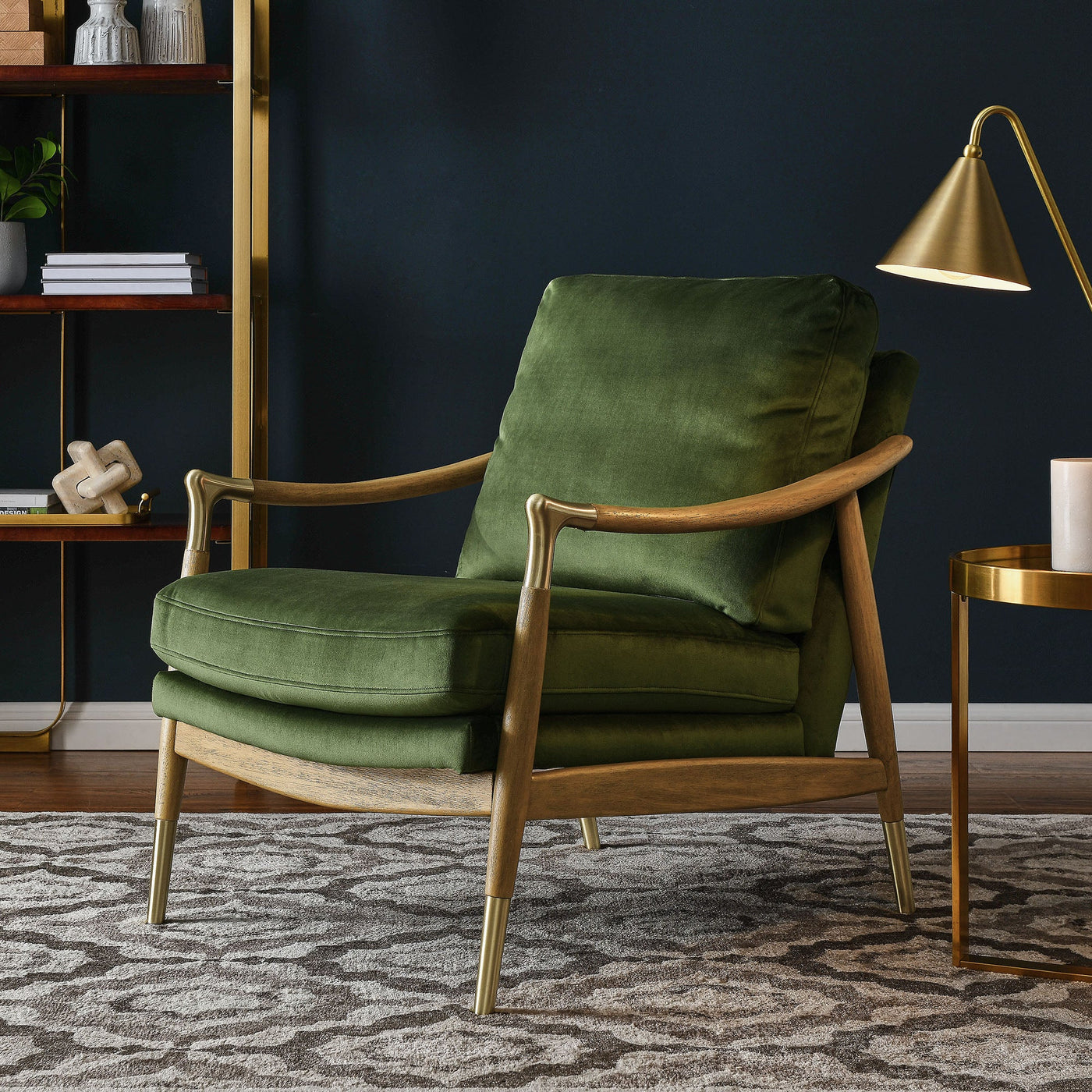 Langford Performance Velvet Accent Armchair in Moss Green Walnut