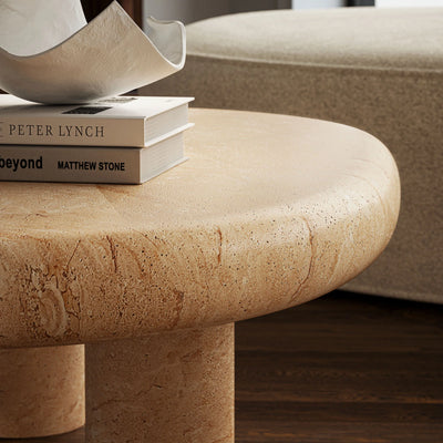Elowen Indoor - Outdoor Patio Textured Faux Travertine Coffee Table in Travertine