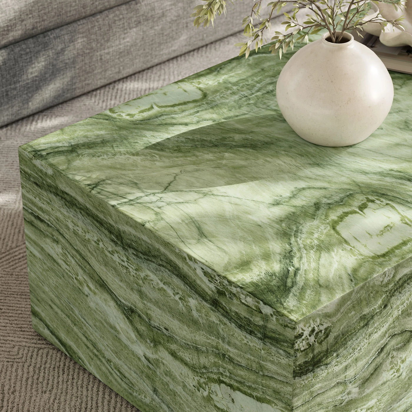 Jordana Square Plinth Indoor - Outdoor Patio Concrete Coffee Table in Green Marble