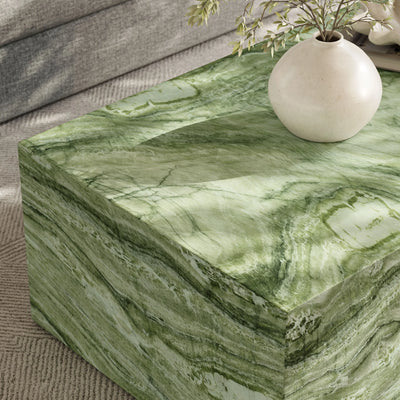 Jordana Square Plinth Indoor - Outdoor Patio Concrete Coffee Table in Green Marble