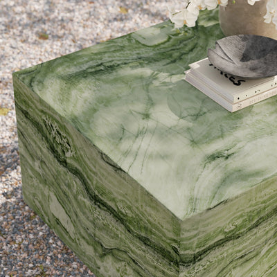 Jordana Square Plinth Indoor - Outdoor Patio Concrete Coffee Table in Green Marble