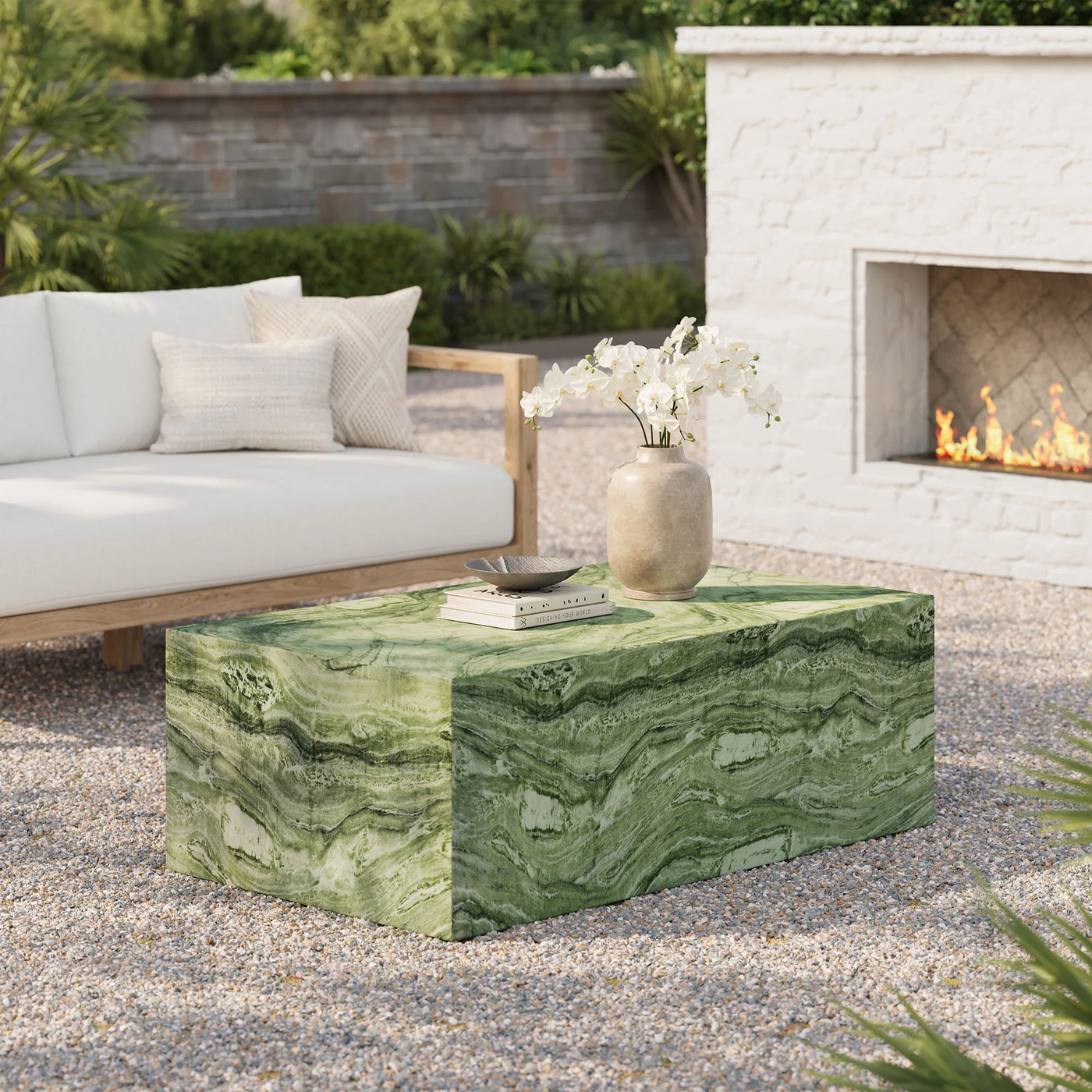 Jordana Square Plinth Indoor - Outdoor Patio Concrete Coffee Table in Green Marble