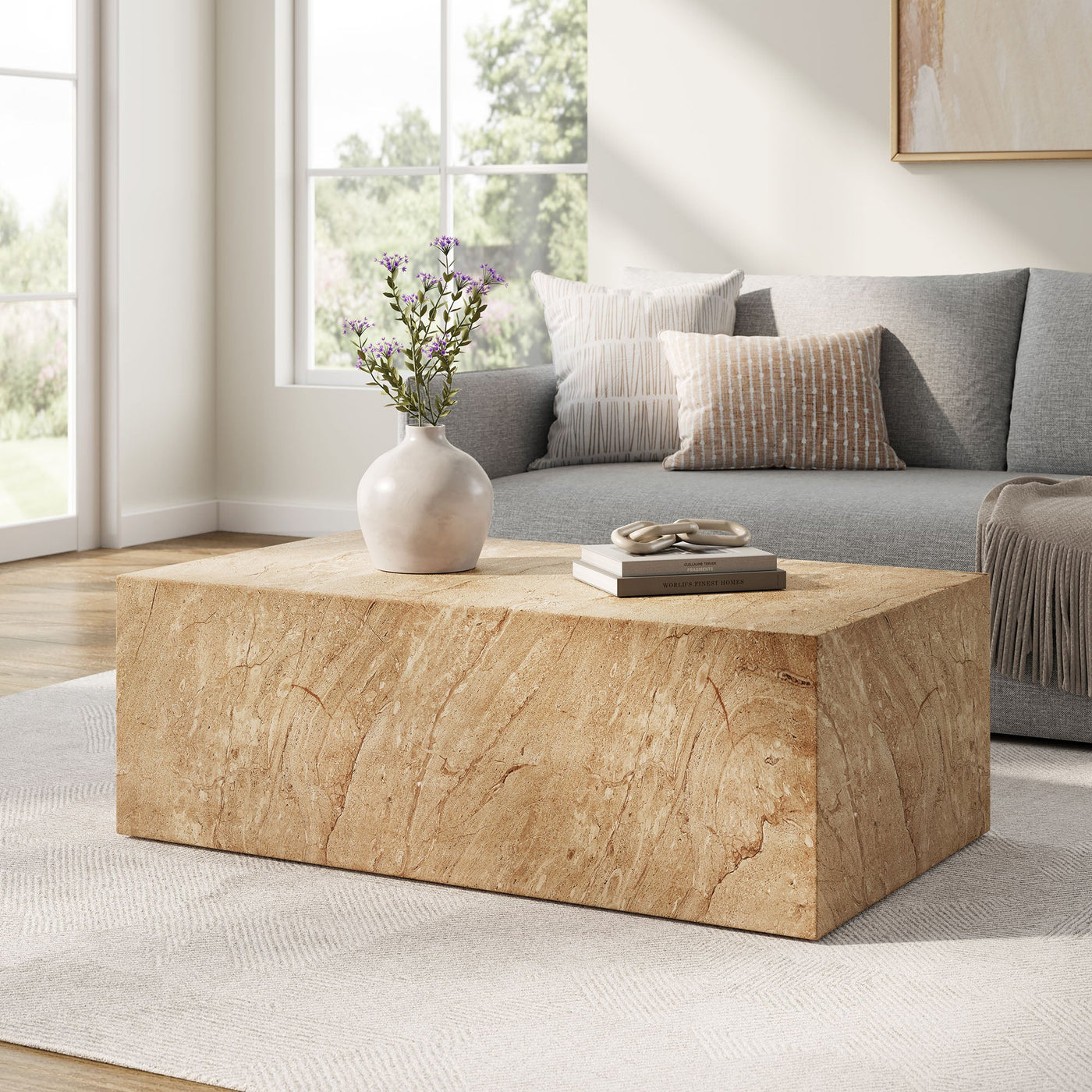Jordana Square Plinth Indoor - Outdoor Patio Concrete Coffee Table in Green Marble
