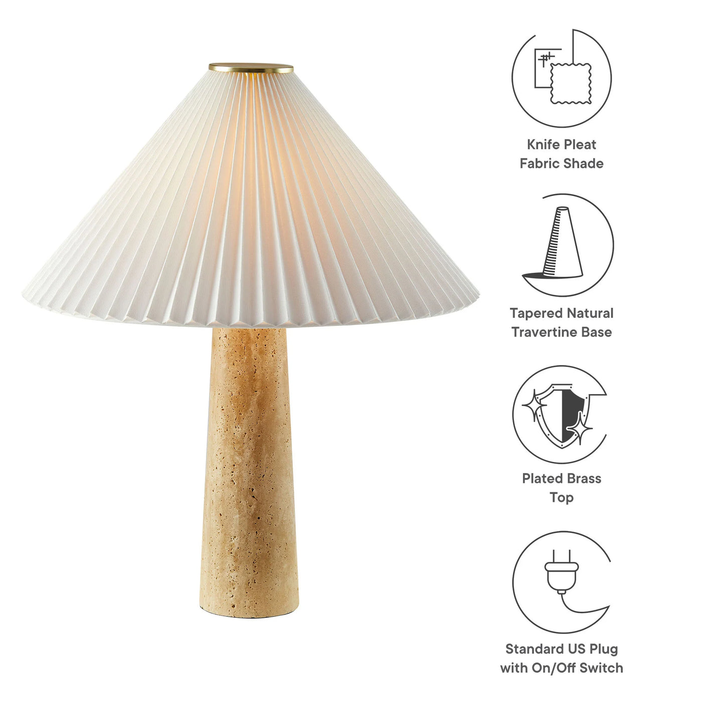 Cove Travertine Table Lamp With Pleated Shade in Travertine