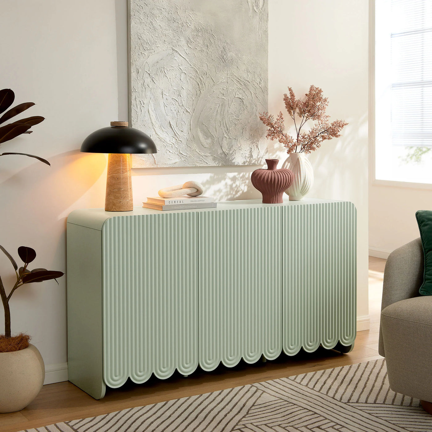 Dahlia Fluted and Scalloped Sideboard Storage Cabinet in Sage