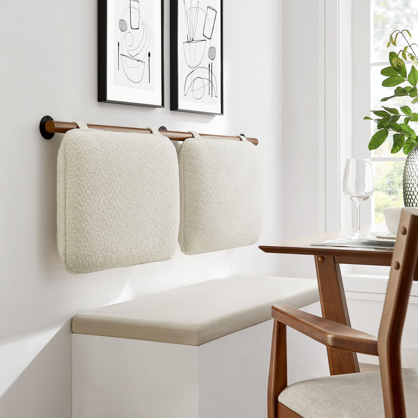 Anela Wall-Mounted Chenille Upholstered Queen Headboard in Cream Walnut