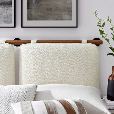 Anela Wall-Mounted Chenille Upholstered Queen Headboard in Cream Walnut