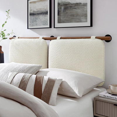 Anela Wall-Mounted Chenille Upholstered Queen Headboard in Cream Walnut
