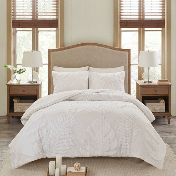 3 Piece Tufted Cotton Chenille Palm Duvet Cover Set