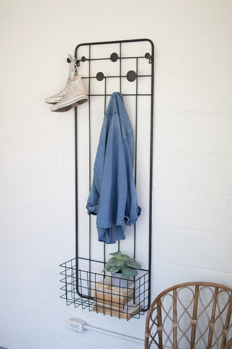 Metal wall coat rack with storage basket