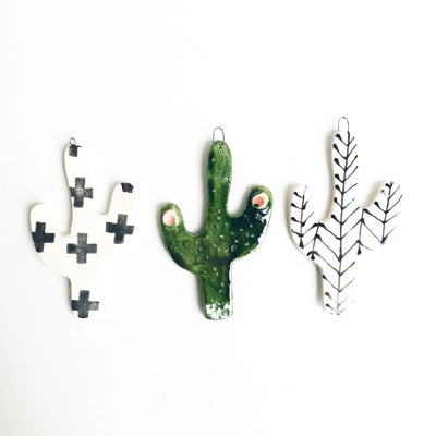 Cactus Handcrafted Ceramic Ornament Black Lines