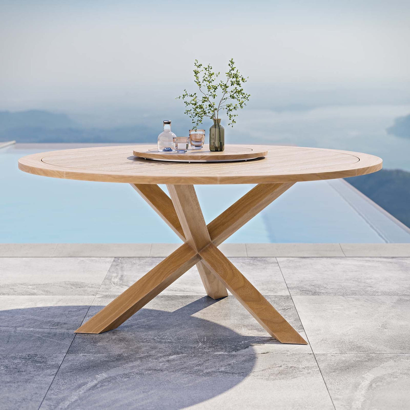 Round Outdoor Patio Teak Wood Dining Table with Lazy Susan